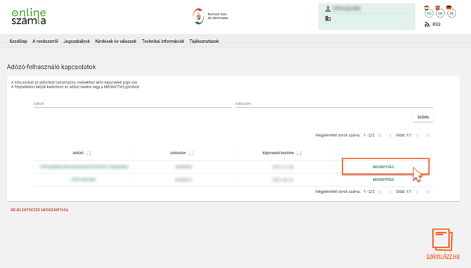NAV Online Számla felület, ahol a felhasználó kiválaszthatja, melyik vállalkozás nevében szeretne műveletet végezni.