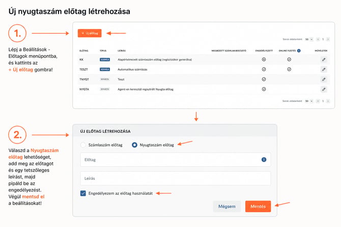 Új nyugtaszám előtag létrehozása a Beállítások, Előtagok menüpont alatt az Új előtag ikonra kattintva.