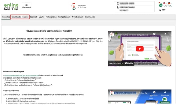 A NAV Online Számla rendszer főoldala, ahol a Számlaadat-rögzítés menüpont kiválasztása látható.