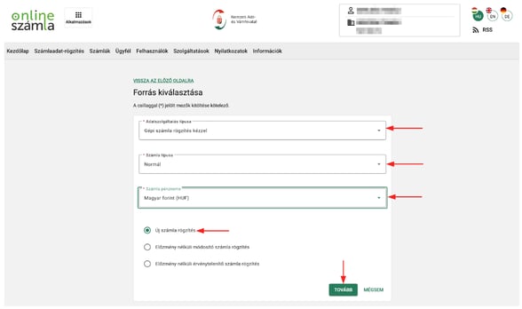 A Forrás kiválasztása képernyő, ahol megadhatók a számla rögzítéséhez szükséges alapadatok.
