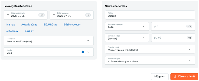 A Listák / Áfalista lekérdezés leválogatási és szűrési feltételei.
