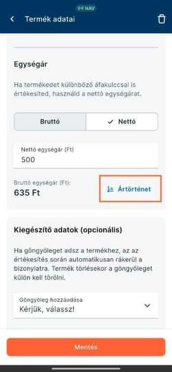 A Számlázz.hu ePénztárgép termékadatlapja, kiemelve az Ártörténet linkkel.