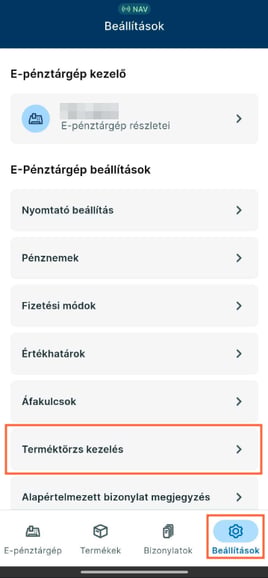 A Számlázz.hu ePénztárgép Beállítások menüje, kiemelve a Terméktörzs kezelés menüponttal.
