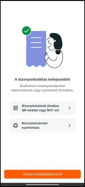Sikeres bizonylatkiállítás képernyője QR-kódos vagy NFC-s átadási és bizonylatmásolat-nyomtatási lehetőséggel.
