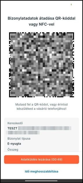 Bizonylat adatainak átadása QR-kóddal vagy NFC-vel a Számlázz.hu ePénztárgép alkalmazásban.