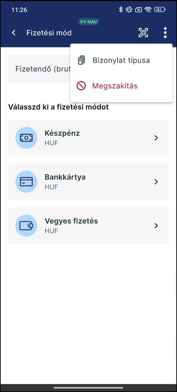 A Számlázz.hu ePénztárgép Fizetési mód oldala, ahol a bizonylattípus módosításához szükséges Bizonylat típusa lehetőség látható a jobb felső sarok hárompontos menüjében.
