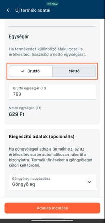 A bruttó és nettó egységár közötti választó kiemelve az Új termék adatlapján.