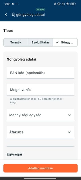 Göngyöleg létrehozása és adatainak megadása az e‑Pénztárgép terméktörzsében.