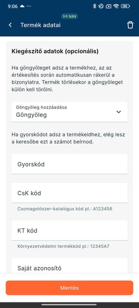 Korábban létrehozott göngyöleg hozzákapcsolása egy termékhez az e‑Pénztárgépben.