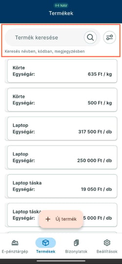 A Számlázz.hu ePénztárgép Termékek listája, kiemelve a keresőmezővel és a szűrés lehetőségével.