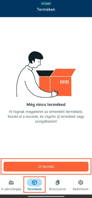 A Számlázz.hu ePénztárgép Termékek menüje, kiemelve az Új termék gombbal.