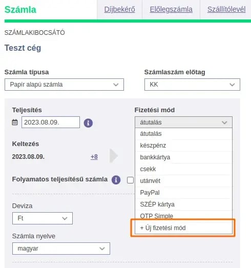 Az egyedi fizetési mód rögzítése számlaírás közben.