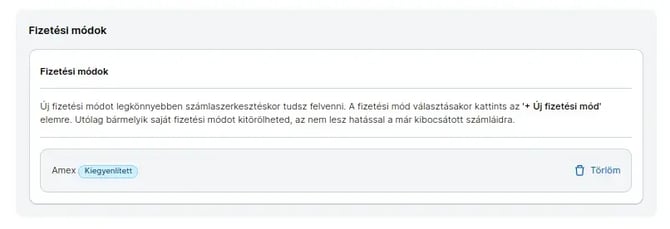 Egyedi fizetési mód törlése a fiók beállításaiban.