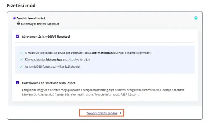 A fizetési mód választó menüben a legutóbb használt fizetési módtól eltérő fizetési módot is választhatsz.