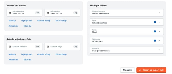 A Listák / Főkönyvi adatexport lekérdezés szűrési feltételei.