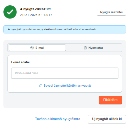 A nyugtaértesítő küldőfelülete az e-mail-cím megadására és az egyedi üzenet beállítására szolgáló lehetőséggel.