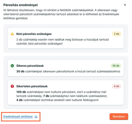 A számlaképek párosítását követően külön ablakban mutatjuk a párosítás eredményeit, ami külön dokumentumként letölthető.