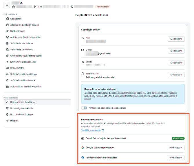 Email címes, Google- és Facebook fiókos bejelentkezés módosítása a Bejelentkezés beállításai alatt.