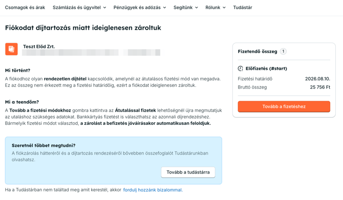 Rendezetlen díjtartozás esetén a fiókba belépve egy figyelmeztető oldal fogad.