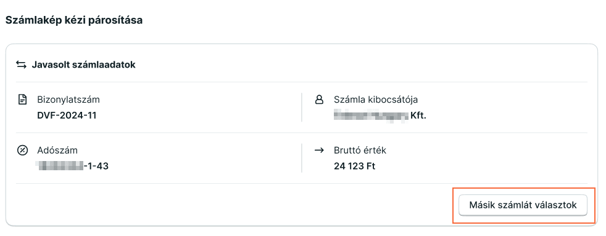 A számlakép kézi párosításánál lehetőség van arra, hogy a felajánlott számla helyett másik számlához rendeljük a számlaképet.