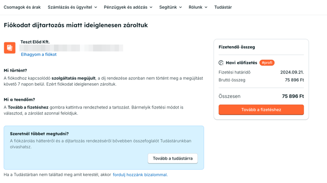 Zárolt fiók esetén egy figyelmeztető oldal fogad a fiókodba belépve.