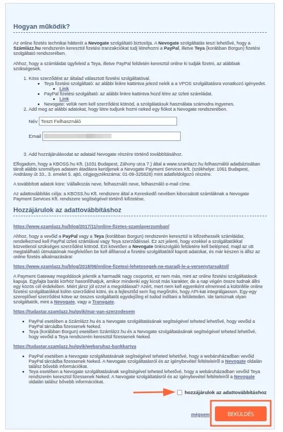 A Nevogate fiók létrehozásához szükséges Hozzájárulás engedélyezése négyzet és Beküldés gomb