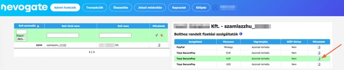 A Teya devizanemként kiválasztása a Nevogate felületén