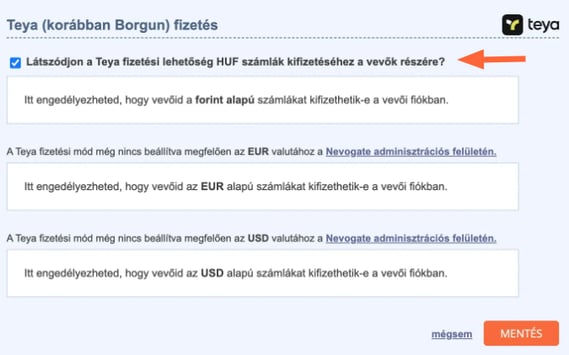 Teya online fizetés engedélyezése a Számlázz.hu-s fiókban