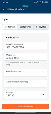 Az Új termék adatlap alapadatokat tartalmazó része.