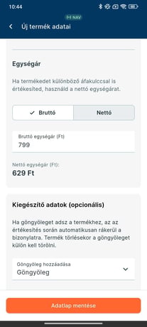 Az Új termék adatlap ár- és kiegészítő beállításokat tartalmazó része.