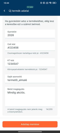 Az Új termék adatlap azonosítókat és belső adatokat tartalmazó része.