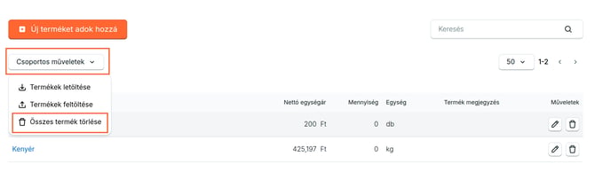 Termékek csoportos törlése a Beállítások / Termékek menüpontban.