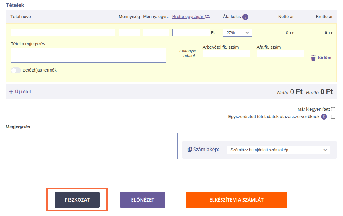 A Piszkozat gomb helye új bizonylat készítésekor.