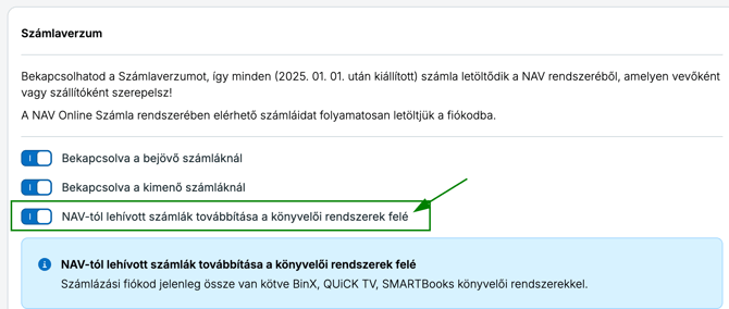 Turn on forwarding invoices received from NAV via the menu Beállítások/ Fiók beállítások / NAV online adatkapcsolat