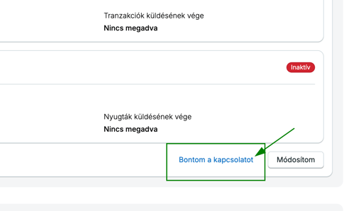 To disconnect online financial connection, enter menu Beállítások, Online pénzügyi adatkapcsolat and click on option "Bontom a kapcsolatot".