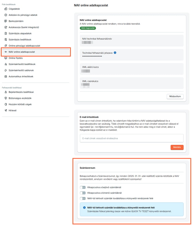 A NAV Online adatkapcsolat menüpontban, a számlaverzum szolgáltatás beállításait mutatjuk meg.