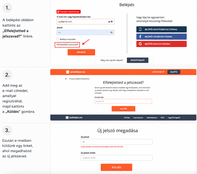 Új jelszó kérés az Elfelejtetted a jelszavad linkre kattintva a Számlázz.hu oldalon, majd az új jelszó megerősítése az emailben kapott linken.