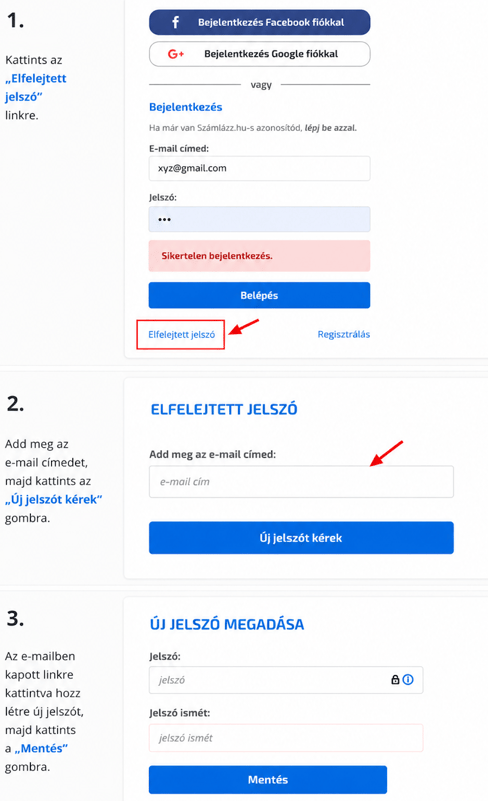 Új jelszó kérése a Mosszámlázz.hu oldalon az Elfelejtett jelszó linkre kattintva és új jelszó megadása a kiküldött linken.