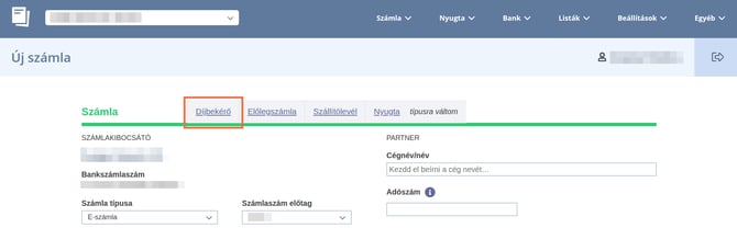 A számlaszerkesztő oldal fejlécében kiválasztható a díjbekérő bizonylattípus.