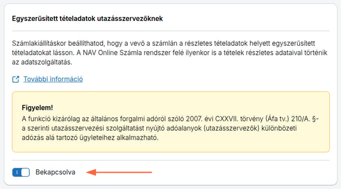 Az egszerűsített tételadatok beállítása a Számlázz.hu-ban utazásszervezőknek.