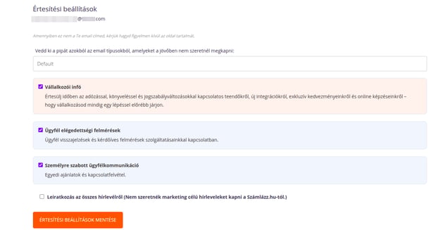 Hírlevél értesítési beállítások jelölése.