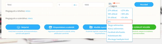 0%-os áfakulcs kiválasztása a MostSzámlázz számlázási felületén