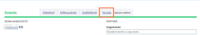 Nyugtatípusra váltás a számlaszerkesztő oldal tetején.