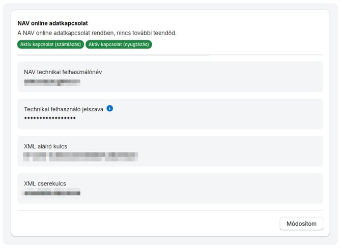 Aktív NAV online adatkapcsolat számlázáshoz és nyugtázáshoz a Számlázz.hu felületén