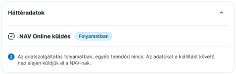 Folyamatban lévő NAV-adatszolgáltatás státusz a nyugta háttéradatai között