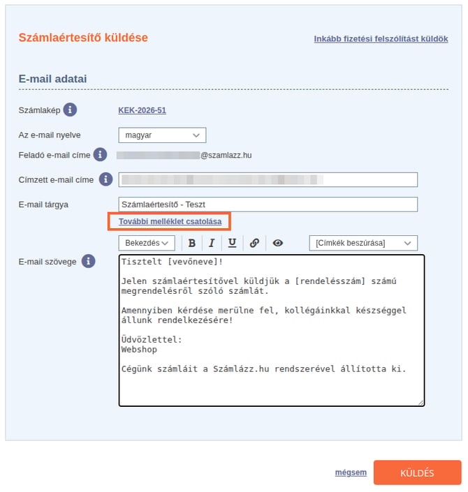 További melléklet csatolása a számlaértesítő e-mailhez a Számlázz.hu-ban
