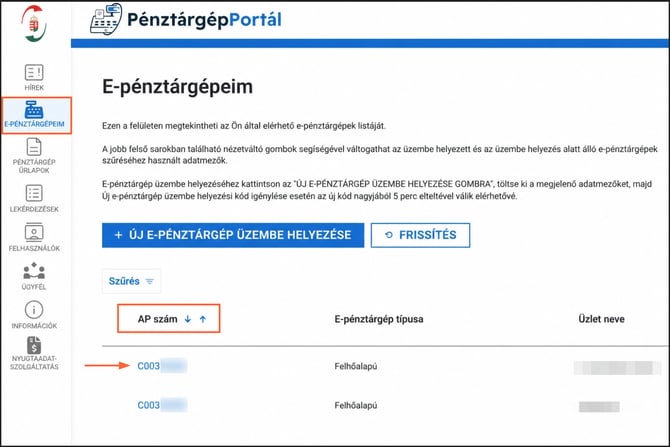 C003-mal kezdődő AP szám ellenőrzése a Pénztárgép Portál E-pénztárgépeim menüpontjában