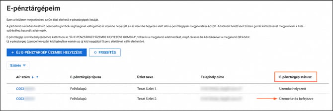 E-pénztárgép státuszának ellenőrzése a Pénztárgép Portál E-pénztárgépeim menüpontjában