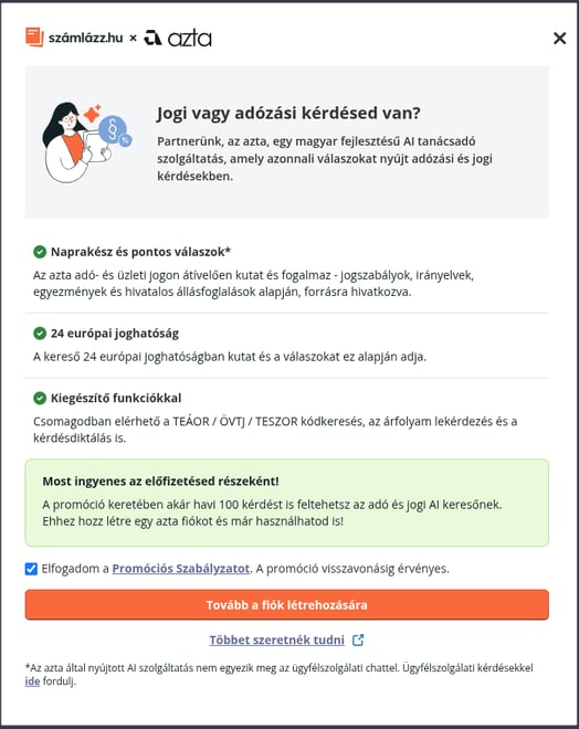 Felugró ablak a Verzélőpulton, az azta rendszer Számlázz.hu promóción belüli használatához, melyben a promóciós feltételek elfogadására van lehetőség.