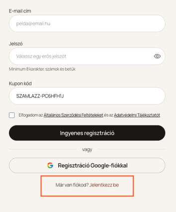 Bejelentkezés meglévő azta fiókba a Számlázz.hu promóció keretén belül.